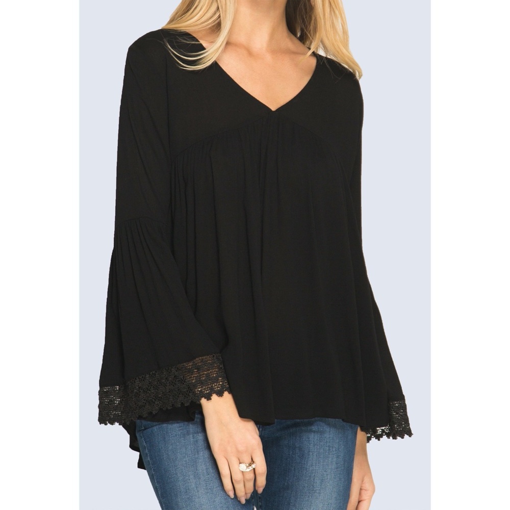 Black Flared Sleeve Lace Hem Top